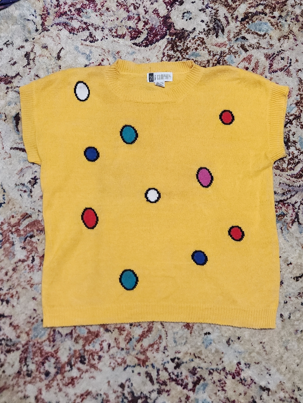 Vintage 90s Colorful Boxy Sweater Polka Dots Natural Fibers Yellow Size Medium